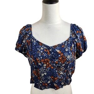 Idyllwind by Miranda Lambert Cropped Boho Smocked Top Sz L Blue Floral Festival